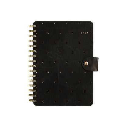 2027 Midnight Micro Dots Customizable Spiral Citrine Planner - Small Professional Layout - 12 Months with black cover gold dots spiral binding and snap closure