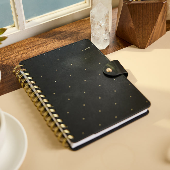 2027 Midnight Micro Dots Customizable Spiral Citrine Planner - Small Professional Layout - 12 Months, black cover with gold dots and spiral binding
