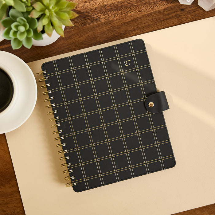 2027 Midnight Plaid Customizable Spiral Citrine Planner - Classic Professional Layout - 12 Months in black and gold plaid with spiral binding and clasp closure