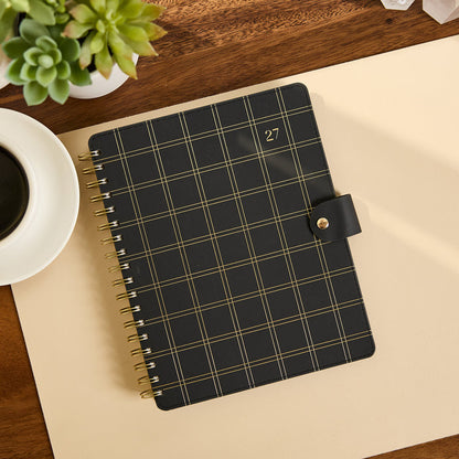 2027 Midnight Plaid Customizable Spiral Citrine Planner - Classic Professional Layout - 12 Months in black and gold plaid with spiral binding and clasp closure