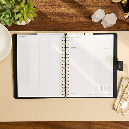 2027 Midnight Plaid Customizable Spiral Citrine Planner - Classic Professional Layout - 12 Months open to July 2027 monthly calendar and notes pages