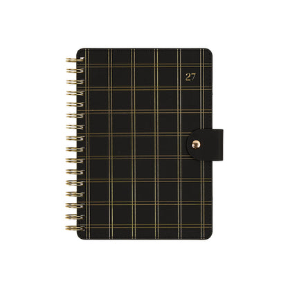 2027 Midnight Plaid Customizable Spiral Citrine Planner - Small Professional Layout - 12 Months with black plaid cover gold spiral binding and clasp