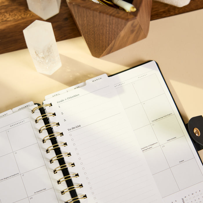 2027 Midnight Plaid Customizable Spiral Citrine Planner - Small Professional Layout - 12 Months open to monthly calendar and checklist pages