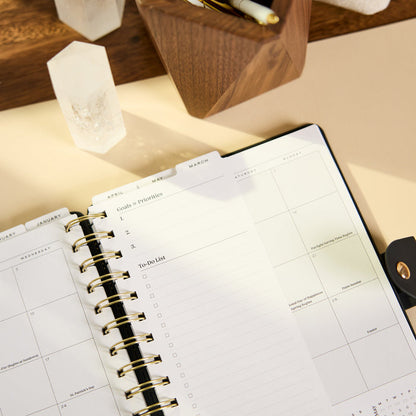 2027 Midnight Plaid Customizable Spiral Citrine Planner - Small Professional Layout - 12 Months open to monthly calendar and checklist pages