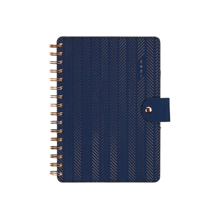 2027 Navy Herringbone Customizable Spiral Citrine Planner - Small Professional Layout - 12 Months with rose gold spiral binding and snap closure mmad