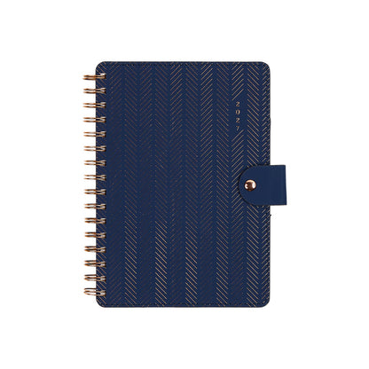 2027 Navy Herringbone Customizable Spiral Citrine Planner - Small Professional Layout - 12 Months with rose gold spiral binding and snap closure mmad
