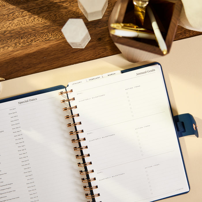 2027 Navy Herringbone Customizable Spiral Citrine Planner - Small Professional Layout - 12 Months open to annual goals and special dates pages