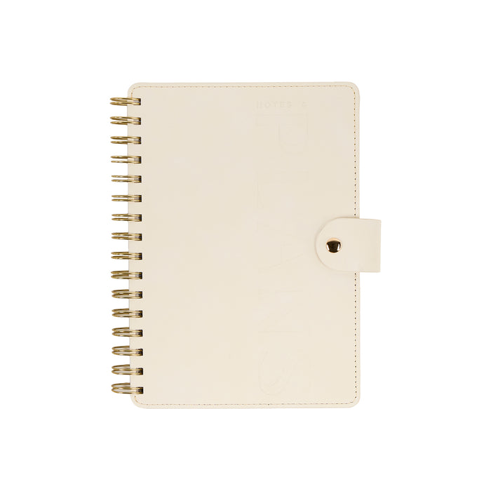 2027 Notes & Plans Customizable Spiral Citrine Planner - Small Professional Layout - 12 Months shown closed with a cream cover gold spiral binding and clasp closure