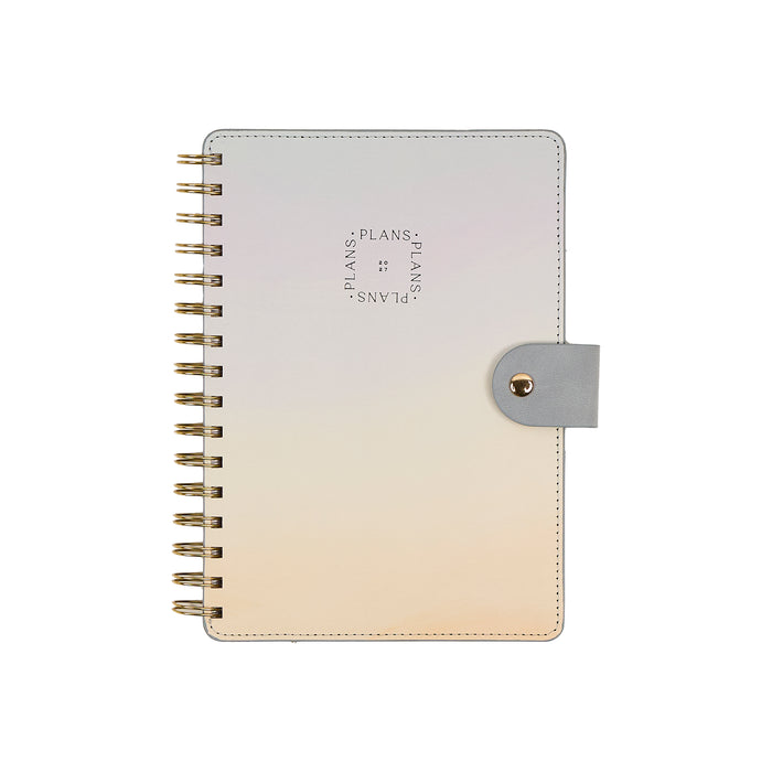 2027 Pastel Horizon Customizable Spiral Citrine Planner - Small Professional Layout - 12 Months closed with a pale gradient cover gold spiral binding and strap closure