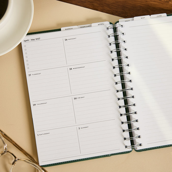 2027 Sage & Scallop Customizable Spiral Citrine Planner - Small Professional Layout - 12 Months open to April and May 2027 planning pages with spiral binding