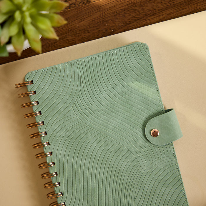 2027 Sage Waves Customizable Spiral Citrine Planner - Small Professional Layout - 12 Months in sage green with spiral binding and secure strap closure