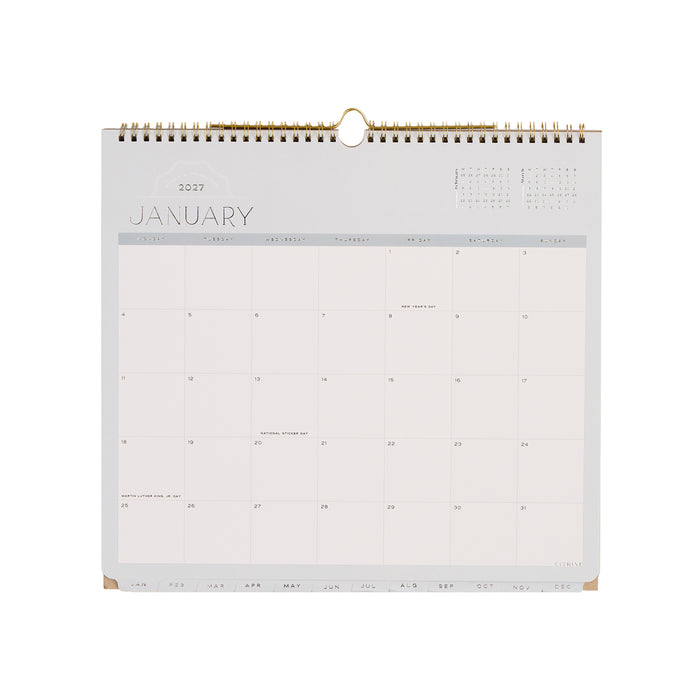 2027 Soft Frame Citrine Wall Calendar - Small - 12 Months displayed open to January 2027 with a clean monthly grid and gold wire binding