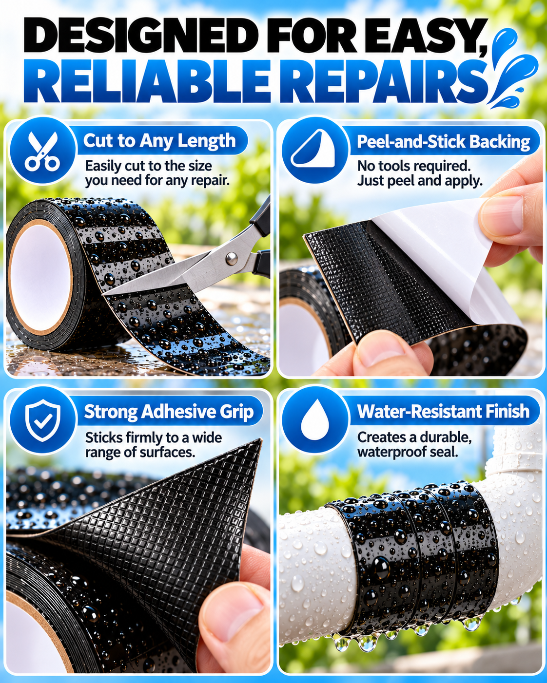 Waterproof Leak Repair Tape, Emergency Seal for Wet Surfaces, Indoor Outdoor Leak Fix for Pipes, Buckets, Hoses, Tents