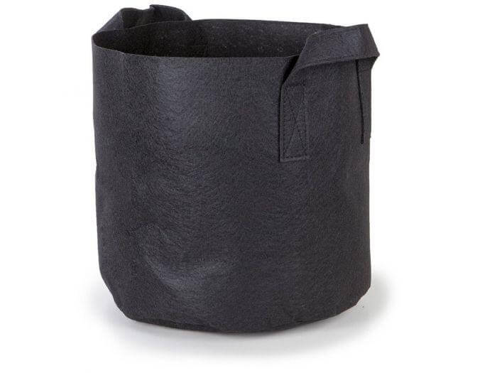Black cylindrical fabric grow bag with reinforced side handles, shown against a white background.