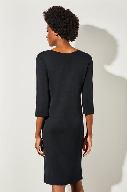 3/4 Sleeve V-Neck Knit Dress, Black | Ming Wang