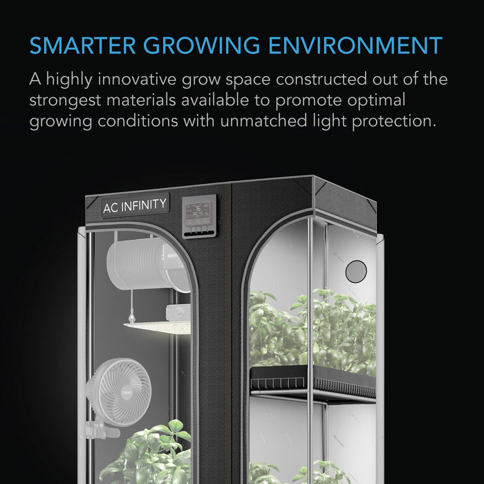AC Infinity Cloudlab 743D black, multi-chamber grow tent for indoor plants with integrated light, fan, and controller.