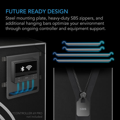 AC Infinity Cloudlab 743D grow tent features a black fabric exterior, steel mounting plate, and heavy-duty SBS zippers.