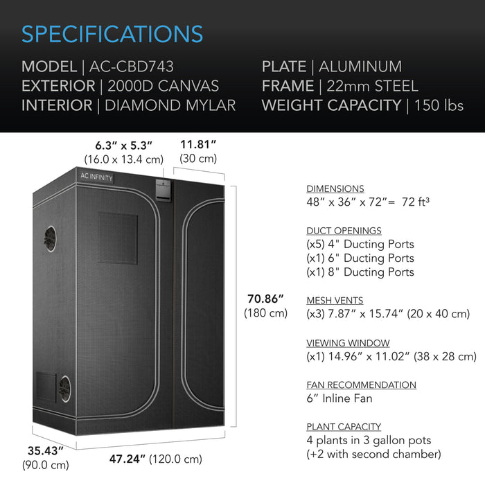 AC Infinity Cloudlab 743D black canvas multi-chamber grow tent for indoor gardening with 2000D canvas and steel frame.