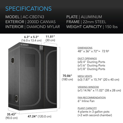 AC Infinity Cloudlab 743D black canvas multi-chamber grow tent for indoor gardening with 2000D canvas and steel frame.