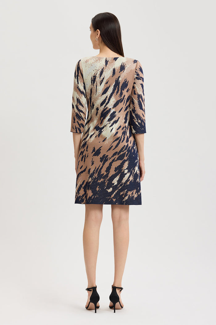 A-Line Abstract Animal Print Soft Knit Dress, Warm Taupe/Indigo/French Almond/Ivory | Ming Wang