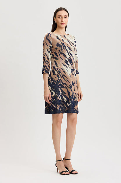 A-Line Abstract Animal Print Soft Knit Dress, Warm Taupe/Indigo/French Almond/Ivory | Ming Wang