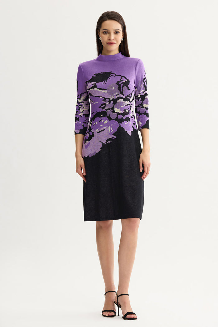 A-Line Abstract Jacquard Soft Knit Dress, Sunset Purple/Black/French Almond | Ming Wang