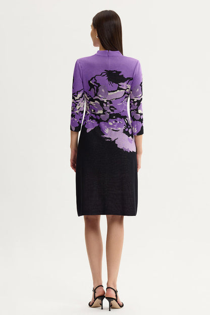 A-Line Abstract Jacquard Soft Knit Dress, Sunset Purple/Black/French Almond | Ming Wang