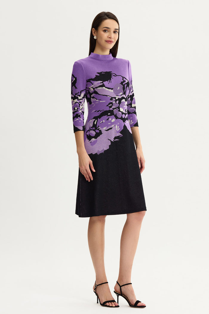 A-Line Abstract Jacquard Soft Knit Dress, Sunset Purple/Black/French Almond | Ming Wang