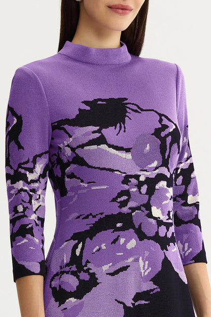 A-Line Abstract Jacquard Soft Knit Dress, Sunset Purple/Black/French Almond | Ming Wang
