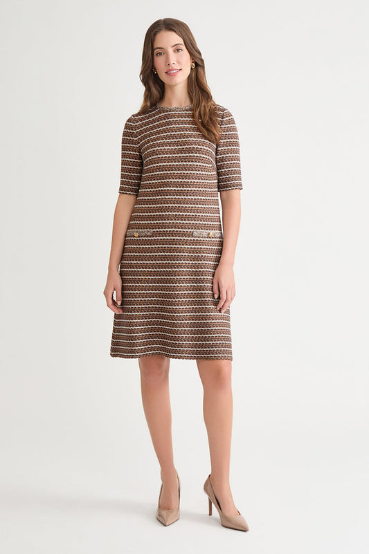 A-Line Braided Trim Knit Dress, Warm Taupe/Dark Umber/Ivory | Ming Wang