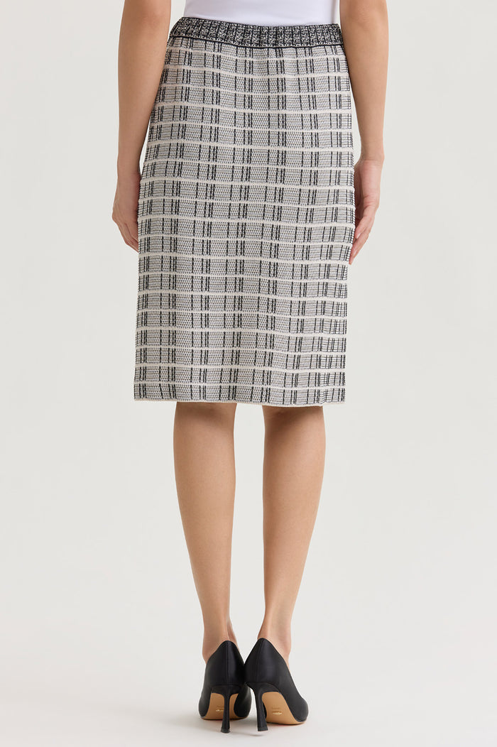 A-Line Contrast Stitch Tweed Knit Skirt, Limestone/Black/White | Ming Wang