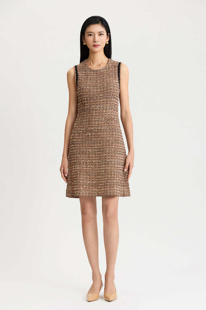 A-Line Eyelash Tweed Knit Dress, Warm Taupe/Black | Ming Wang