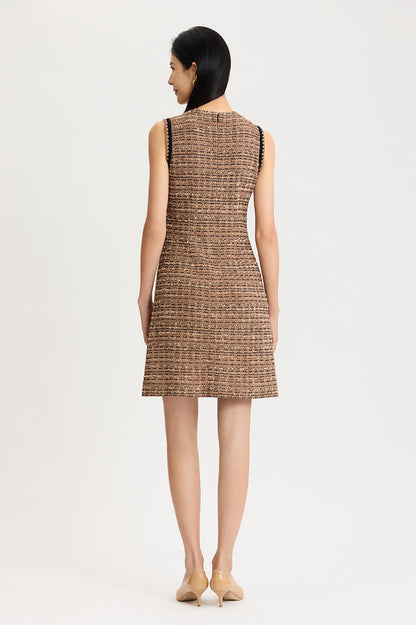 A-Line Eyelash Tweed Knit Dress, Warm Taupe/Black | Ming Wang