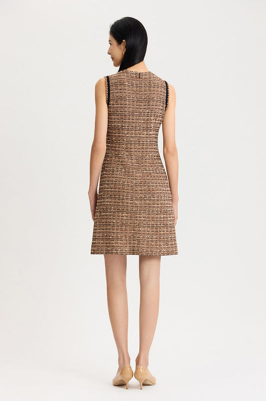 A-Line Eyelash Tweed Knit Dress, Warm Taupe/Black | Ming Wang