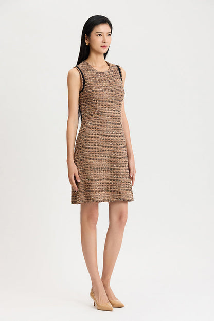 A-Line Eyelash Tweed Knit Dress, Warm Taupe/Black | Ming Wang