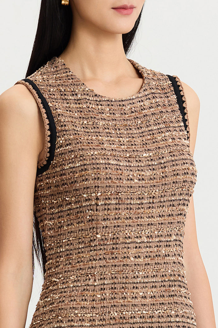 A-Line Eyelash Tweed Knit Dress, Warm Taupe/Black | Ming Wang