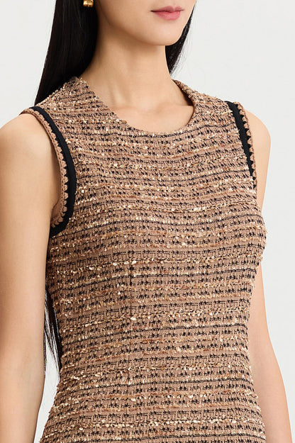 A-Line Eyelash Tweed Knit Dress, Warm Taupe/Black | Ming Wang