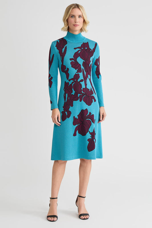 A-Line Floral Jacquard Soft Knit Midi Dress, Nebula/Midnight Violet/Black | Ming Wang