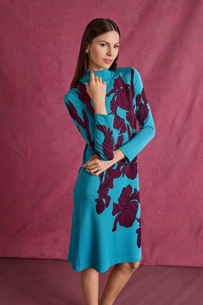 A-Line Floral Jacquard Soft Knit Midi Dress, Nebula/Midnight Violet/Black | Ming Wang