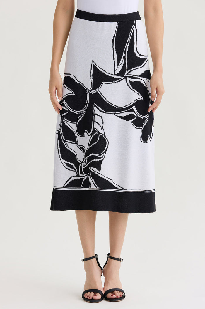 A-Line Floral Jacquard Soft Knit Midi Skirt, Black/White | Ming Wang