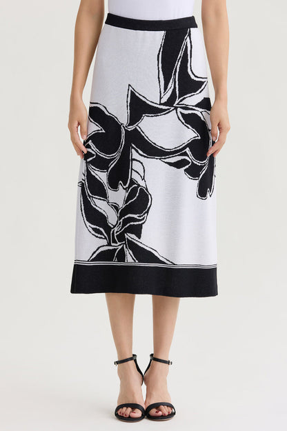 A-Line Floral Jacquard Soft Knit Midi Skirt, Black/White | Ming Wang