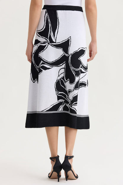 A-Line Floral Jacquard Soft Knit Midi Skirt, Black/White | Ming Wang