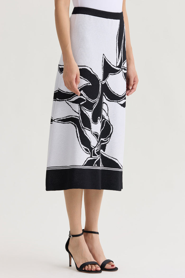 A-Line Floral Jacquard Soft Knit Midi Skirt, Black/White | Ming Wang