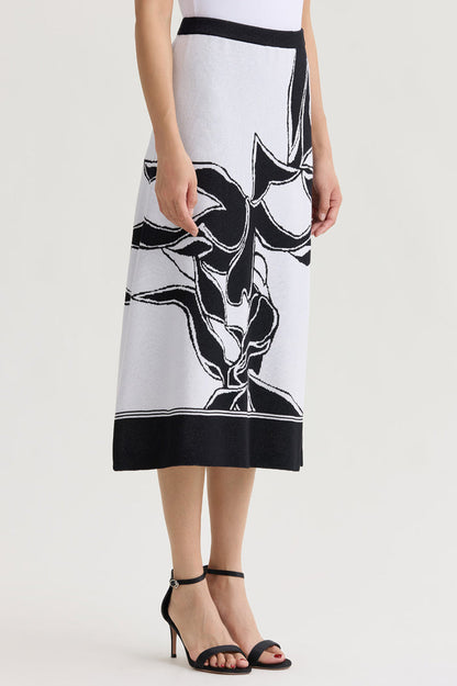 A-Line Floral Jacquard Soft Knit Midi Skirt, Black/White | Ming Wang