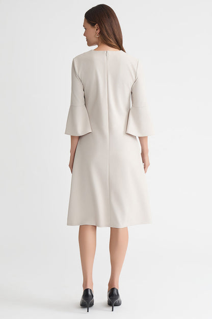 A-Line Floral Printed Stretch Deco Crepe Dress, Limestone/Black | Ming Wang