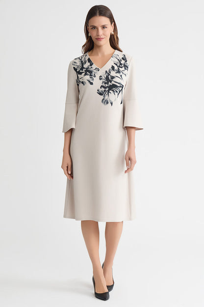 A-Line Floral Printed Stretch Deco Crepe Dress, Limestone/Black | Ming Wang