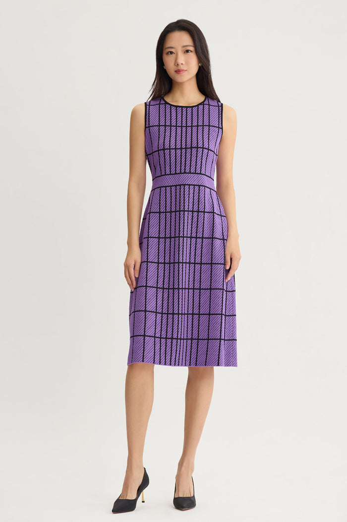 A-Line Grid Knit Midi Dress, Sunset Purple/Black | Ming Wang