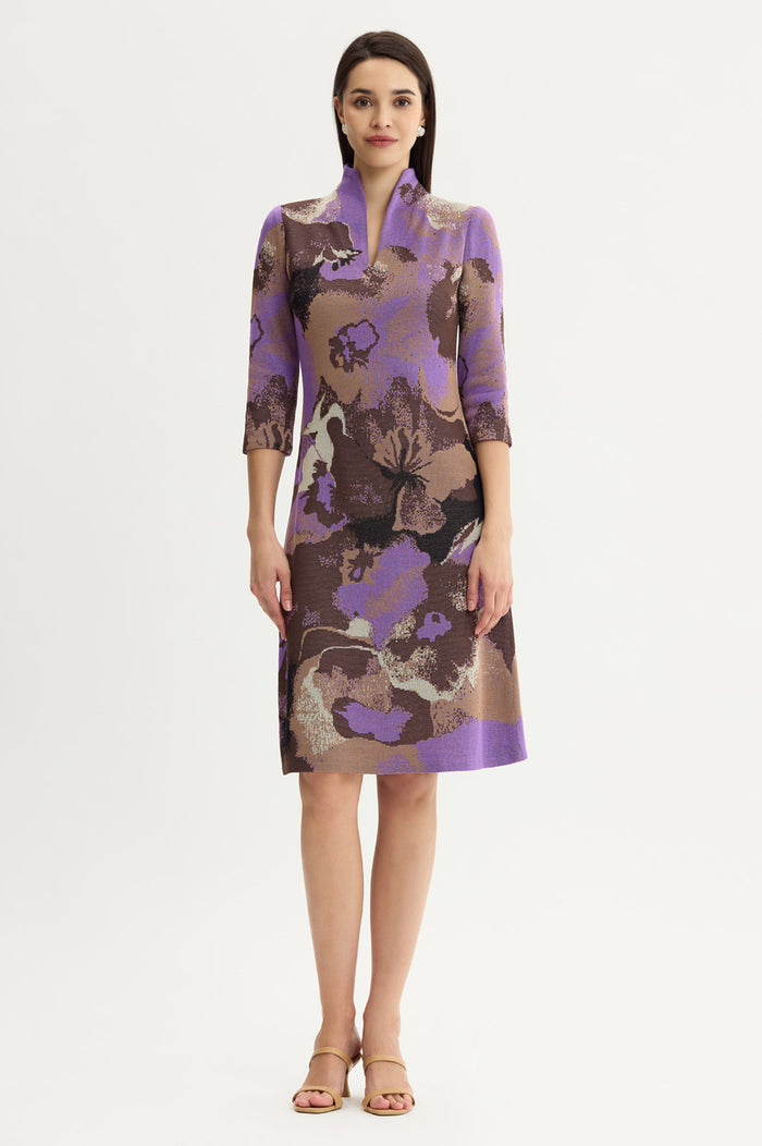 A-Line Multi-Colored Jacquard Knit Dress, Sunset Purple/Dark Umber/Warm Taupe/French Almond/Black | Ming Wang