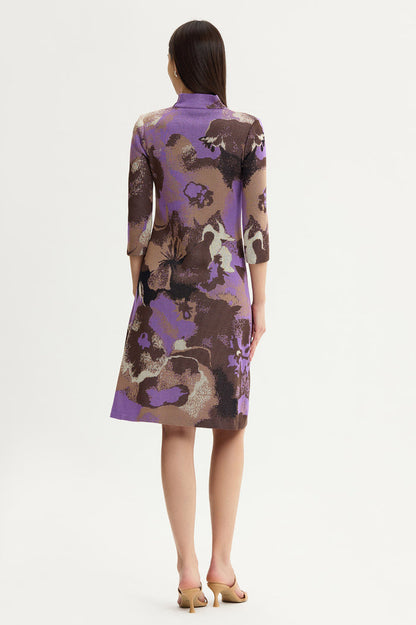 A-Line Multi-Colored Jacquard Knit Dress, Sunset Purple/Dark Umber/Warm Taupe/French Almond/Black | Ming Wang