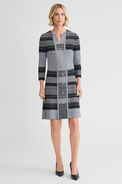 A-Line Multi-Stitch Knit Dress, Black/White | Ming Wang